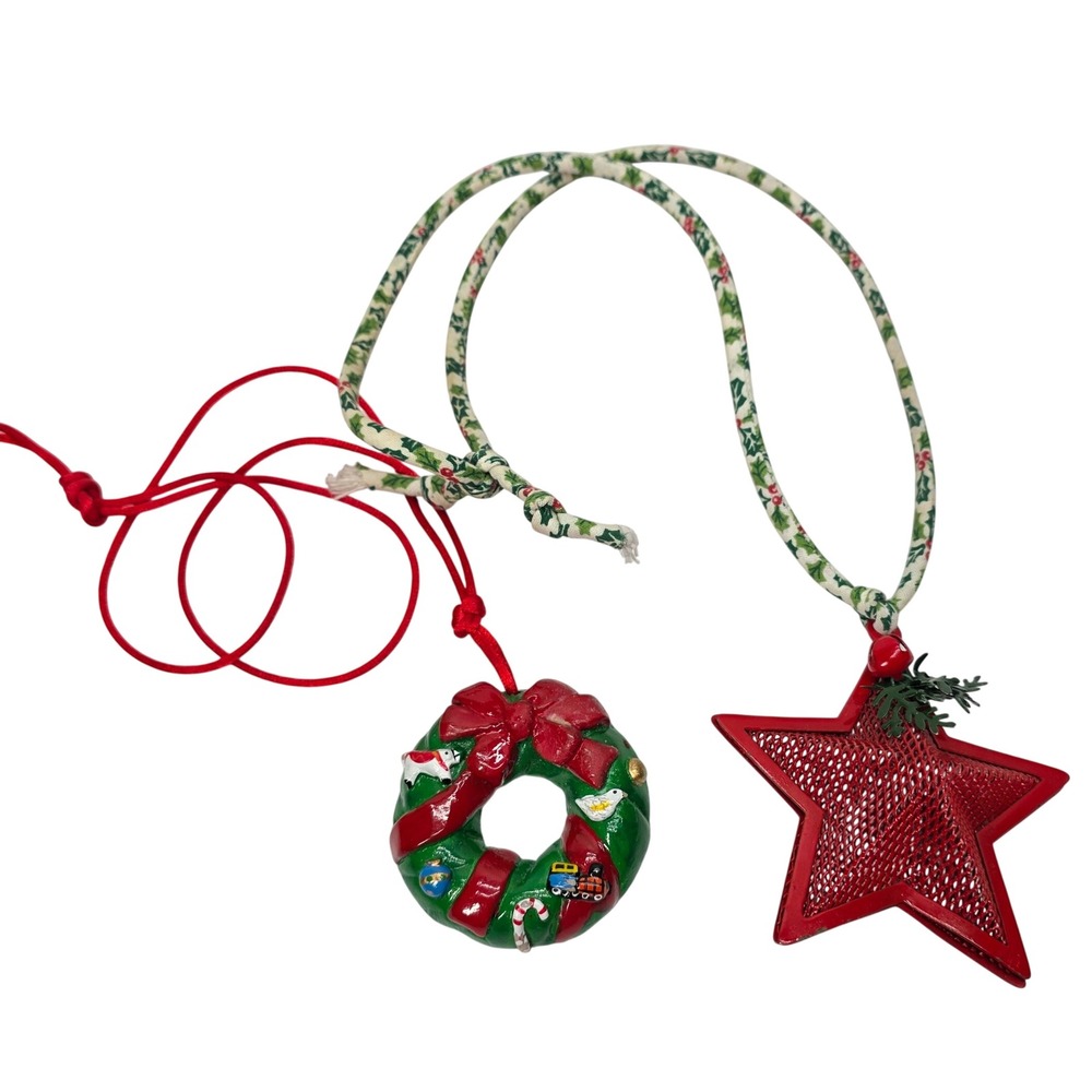 Lot 2 Vintage Christmas Necklaces Wreath Star Red Green Holiday Jewelry Kitschy